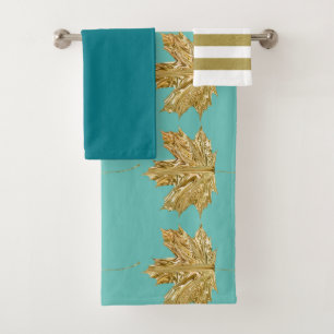 Elegant Gold Leaf Striped Blue and White Towel Set
