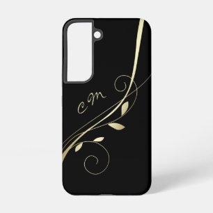 Elegant Gold Leaf Swirl Black Monogram Samsung Galaxy S22 Case