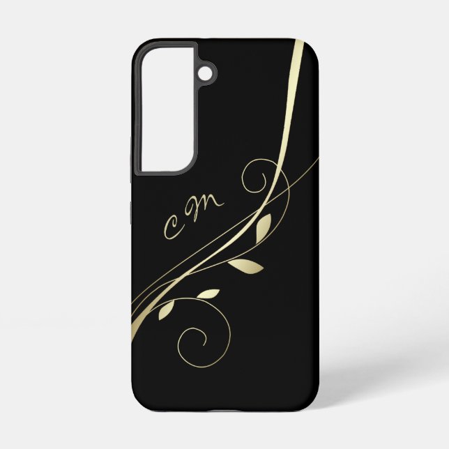 Elegant Gold Leaf Swirl Black Monogram Samsung Galaxy Case (Back)