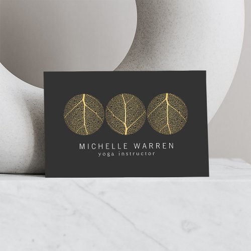Elegant Gold Leaf Trio Logo on Dark Gray Business Card