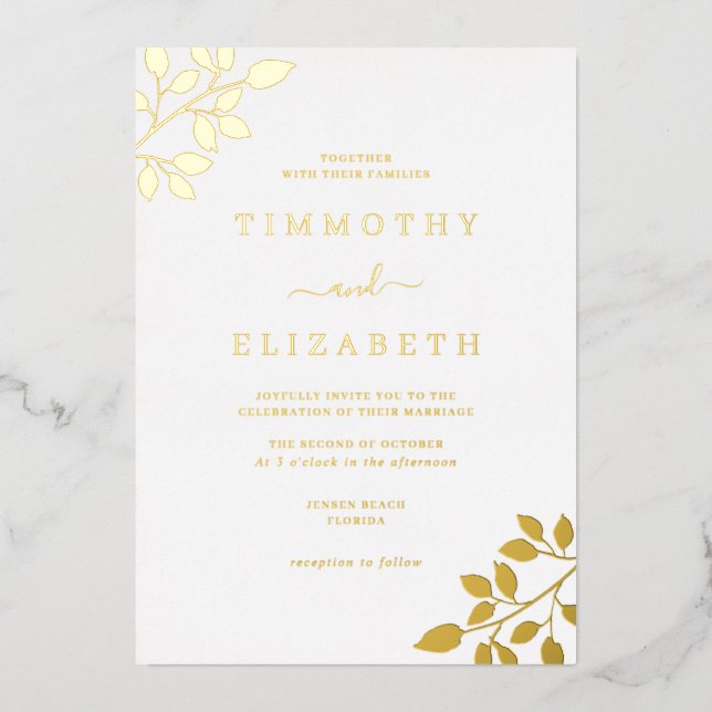 Elegant Gold Leaf Wedding  Foil Invitation (Front)