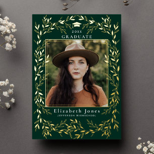 Elegant Gold Leaf Wreath Graduation Photo  Foil In Foil Invitation