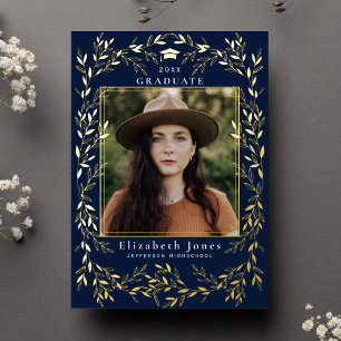 Elegant Gold Leaf Wreath Graduation Photo  Foil In Invitation