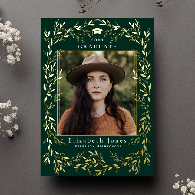 Elegant Gold Leaf Wreath Graduation Photo  Foil In Invitation (Creator Uploaded)