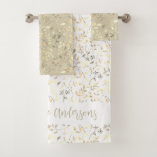 Elegant Gold Leafy Print on White Family Name Bath Towel Set