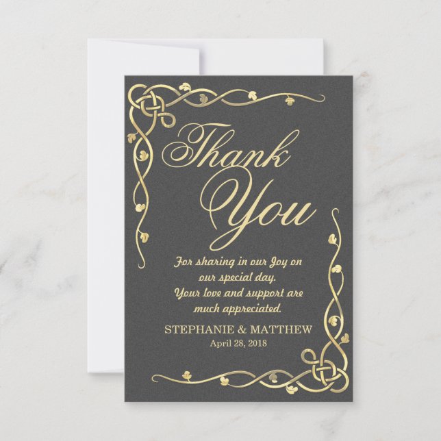 Elegant Gold Leafy Vines on Black Thank You Card (Front)