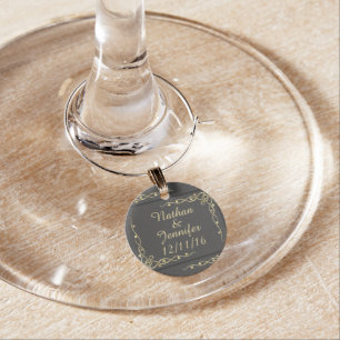 Elegant Gold Leafy Vines on Black Wine Charm