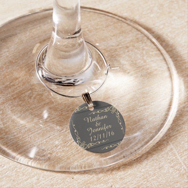 Elegant Gold Leafy Vines on Black Wine Charm (In Situ)