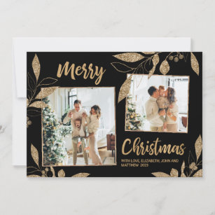 Elegant Gold Leaves 2 Photo Collage Christmas Card