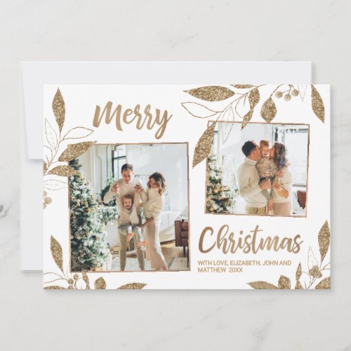 Elegant Gold Leaves 2 Photo Collage Christmas Card