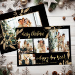 Elegant Gold Leaves 4 Photo Collage Christmas Card<br><div class="desc">Elegant, Modern Black and Gold Botanical Leaves 4 Photo Collage Merry Christmas Holiday Card. This festive, mimimalist, whimsical four (4) photo holiday card template features a pretty photo collage, faux gold foil botanical leaves, winterberries and says Merry Christmas and Happy New Year! The „Merry Christmas and Happy New Year” greeting...</div>
