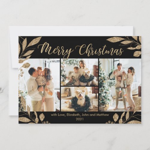 Elegant Gold Leaves 4 Photo Collage Christmas Card