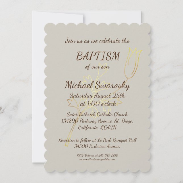 Elegant Gold Leaves Baptism/Christening Photo Flat Invitation (Front)