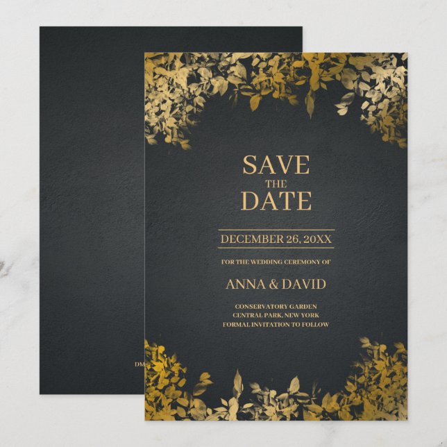 Elegant Gold Leaves, Black Save The Date Wedding Invitation (Front/Back)