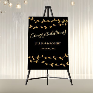 Elegant Gold Leaves Black Wedding Congratulations  Foam Board
