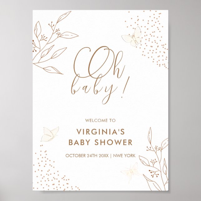 Elegant Gold Leaves Butterfly Baby Shower Welcome Poster (Front)