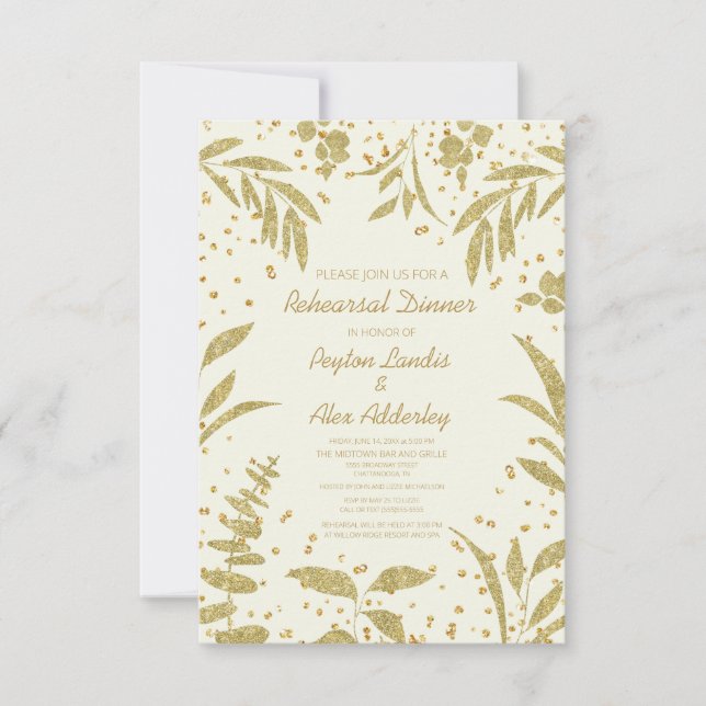 Elegant Gold Leaves Glitter Wedding Rehearsal Invitation (Front)
