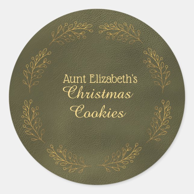 Elegant Gold Leaves Green Christmas Cookies Classic Round Sticker (Front)