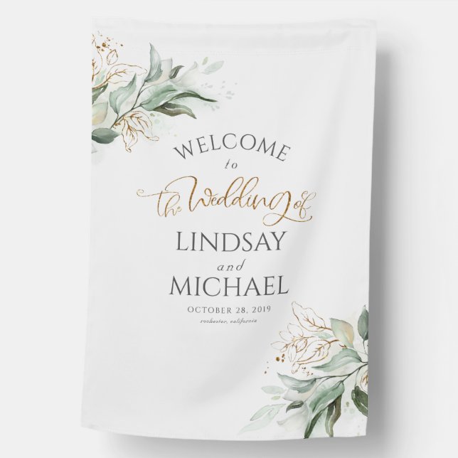 Elegant Gold Leaves Greenery Wedding House Flag (Front)