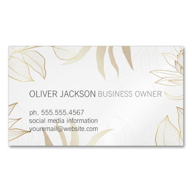 Elegant Gold Leaves Illustration  Business Card Magnet (Front)