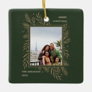 Elegant Gold Leaves Merry Christmas Photo Ceramic Ornament