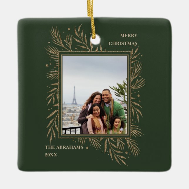 Elegant Gold Leaves Merry Christmas Photo  Ceramic Ornament (Front)