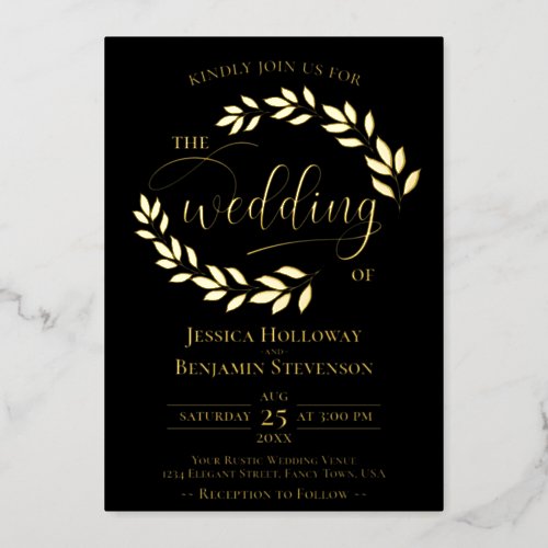 Elegant Gold Leaves on Black Classy Wedding Foil Invitation