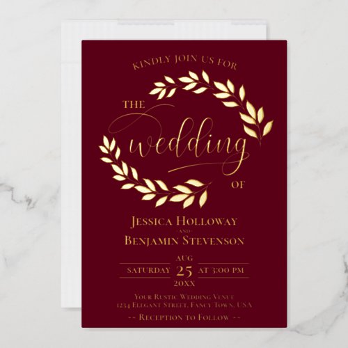 Elegant Gold Leaves on Burgundy Classy Wedding Foil Invitation