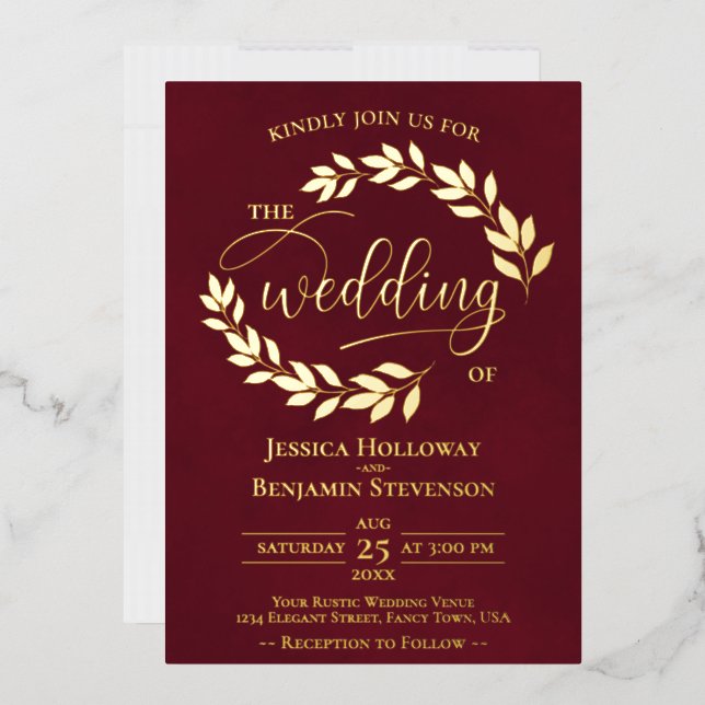 Elegant Gold Leaves on Burgundy Classy Wedding Foil Invitation (Envelope)