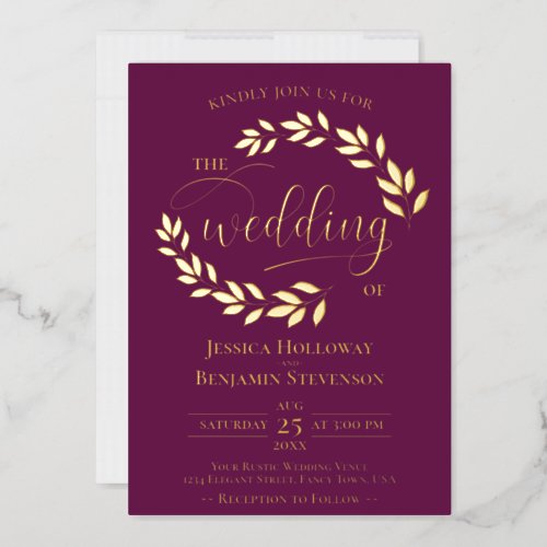 Elegant Gold Leaves on Cassis Purple Wedding Foil Invitation