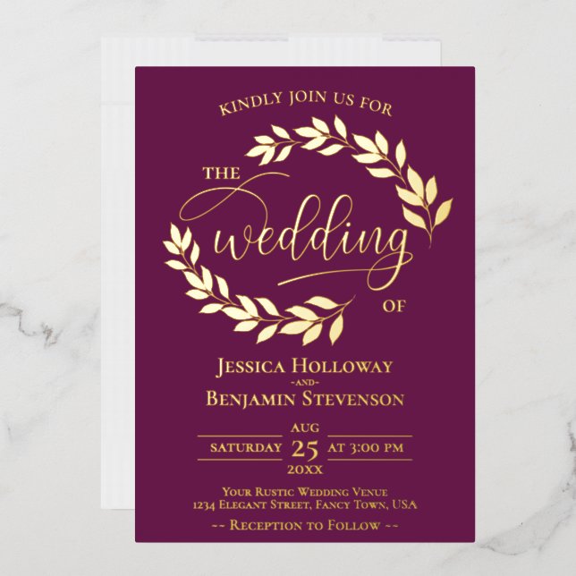 Elegant Gold Leaves on Cassis Purple Wedding Foil Invitation (Envelope)