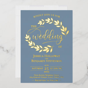 Elegant Gold Leaves on Dusty Blue Classy Wedding Foil Invitation
