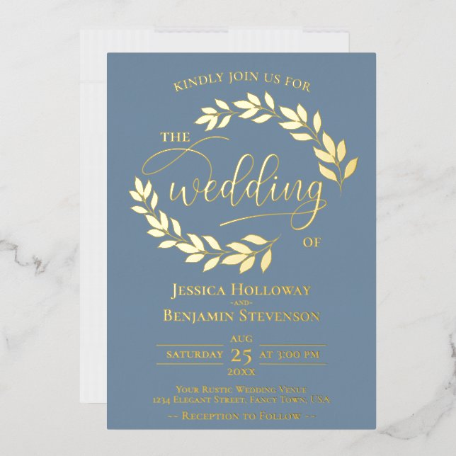 Elegant Gold Leaves on Dusty Blue Classy Wedding Foil Invitation (Envelope)