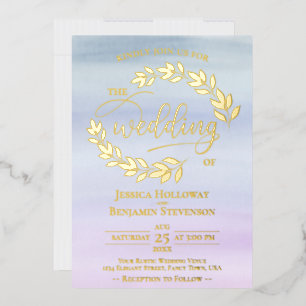 Elegant Gold Leaves on Dusty Blue & Lilac Wedding Foil Invitation
