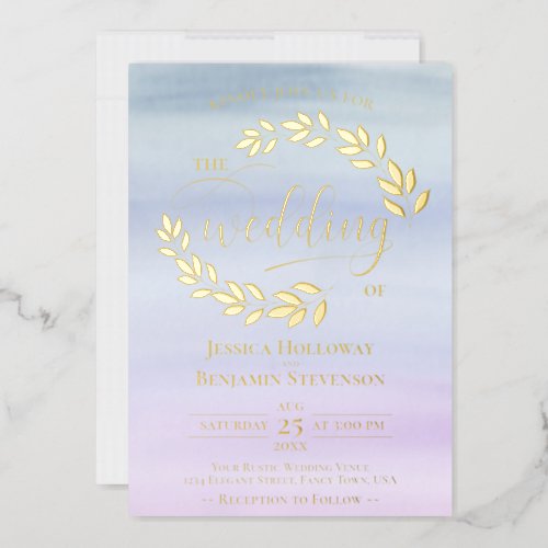 Elegant Gold Leaves on Dusty Blue  Lilac Wedding Foil Invitation