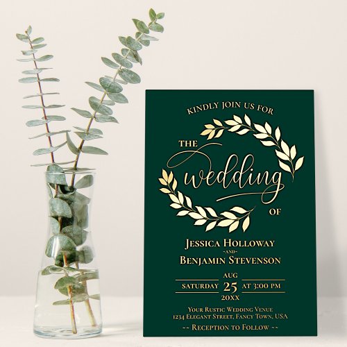 Elegant Gold Leaves on Emerald Green Chic Wedding Foil Invitation