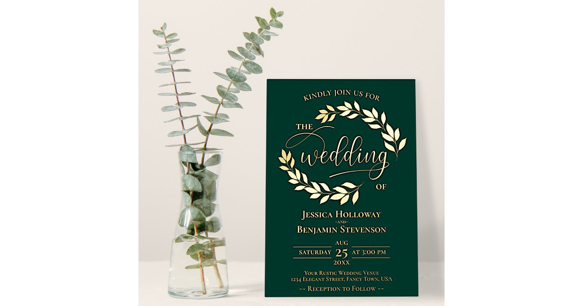 Elegant Gold Leaves on Emerald Green Chic Wedding Foil Invitation | Zazzle