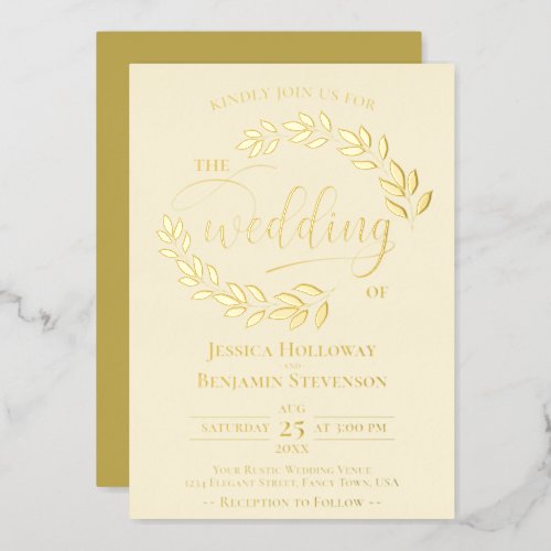 Elegant Gold Leaves on Ivory Cream Classy Wedding Foil Invitation