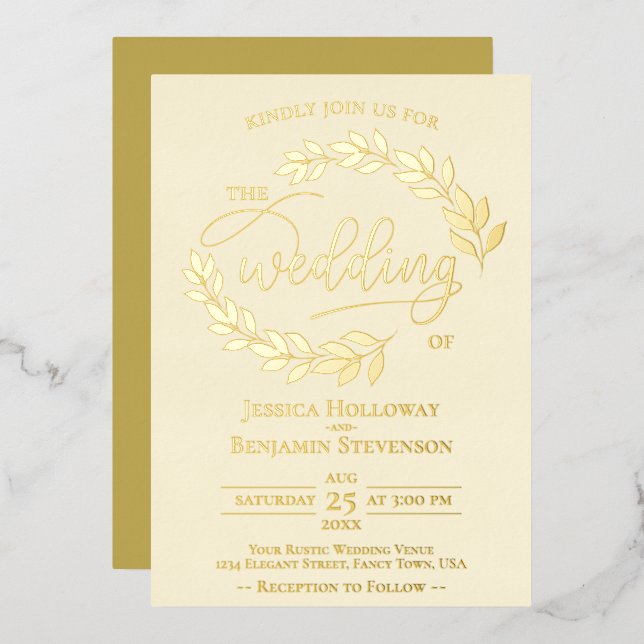 Elegant Gold Leaves on Ivory Cream Classy Wedding Foil Invitation (Front/Back)