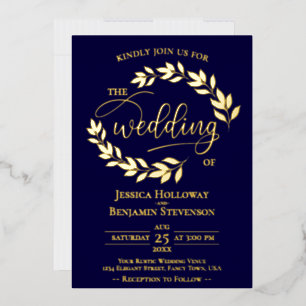 Elegant Gold Leaves on Navy Blue Classy Wedding Foil Invitation