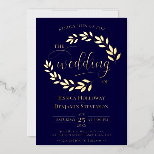 Elegant Gold Leaves on Navy Blue Classy Wedding Foil Invitation
