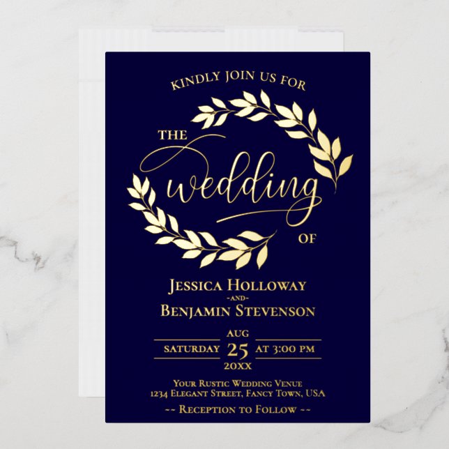 Elegant Gold Leaves on Navy Blue Classy Wedding Foil Invitation (Envelope)
