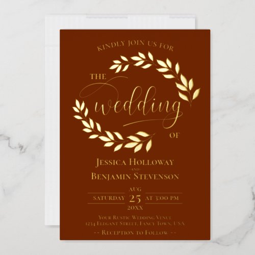 Elegant Gold Leaves on Rust Orange Classy Wedding Foil Invitation