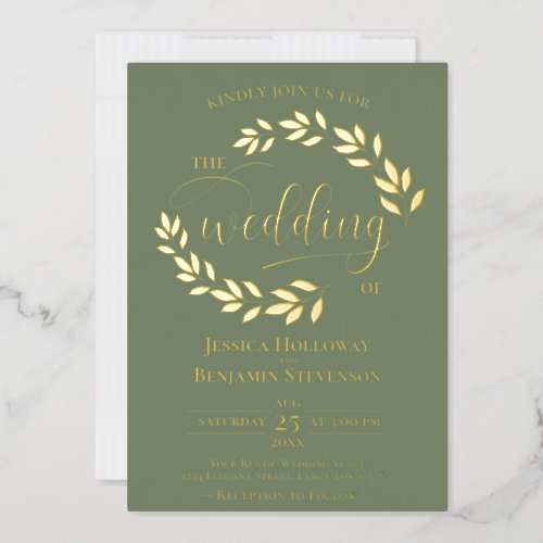 Elegant Gold Leaves on Sage Green Classy Wedding Foil Invitation