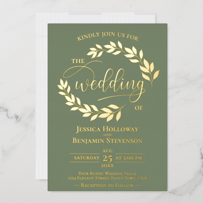 Elegant Gold Leaves on Sage Green Classy Wedding Foil Invitation ...