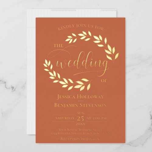 Elegant Gold Leaves on Terracotta Classy Wedding Foil Invitation
