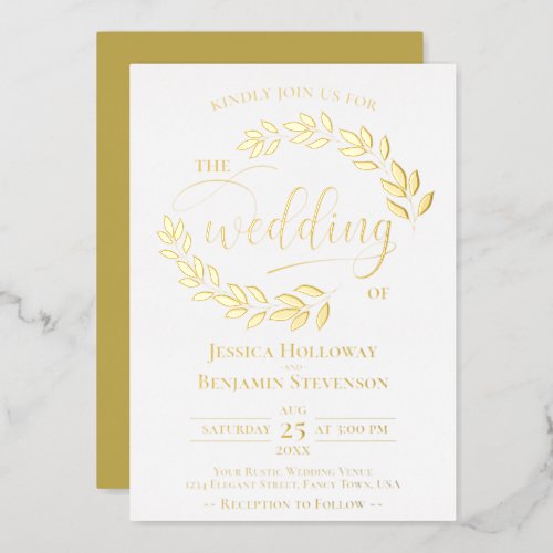 Elegant Gold Leaves on White Classy Wedding Foil Invitation