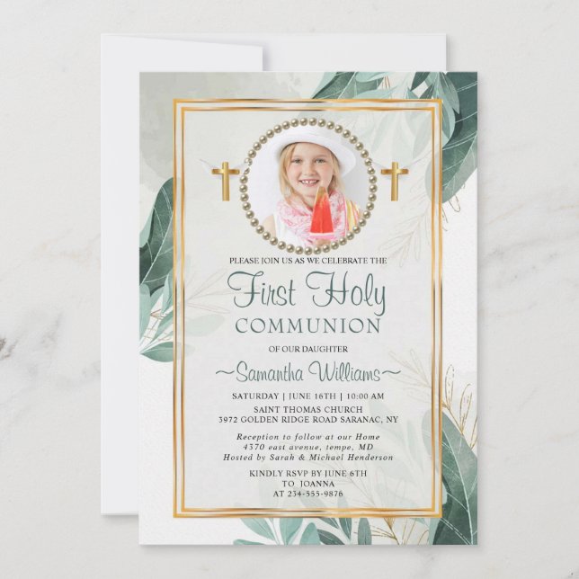 Elegant Gold Leaves Photo First Communion Invitation (Front)