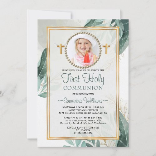 Elegant Gold Leaves Photo First Communion Invitation