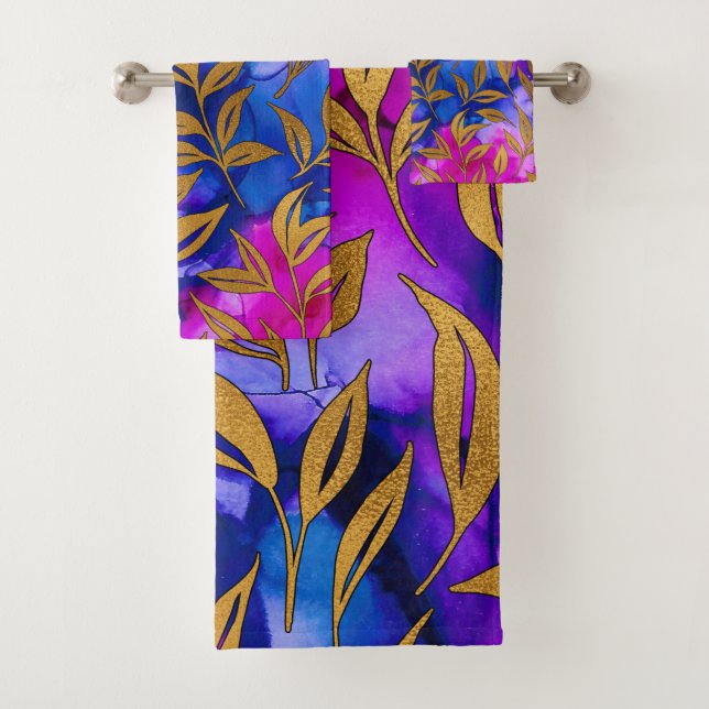 Elegant Gold Leaves Purple Blue Pattern Design Bath Towel Set (Insitu)